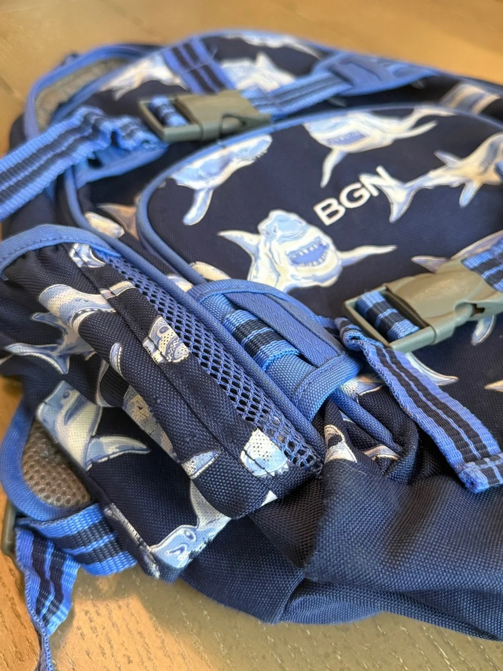 Pottery Barn Kids Navy Blue Sharks Boys Small Mackenzie Backpack “BGN” Initials